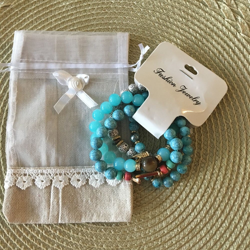 4-Turquoise Natural Beads Bracelets w/ Pouch - Picture 1 of 2